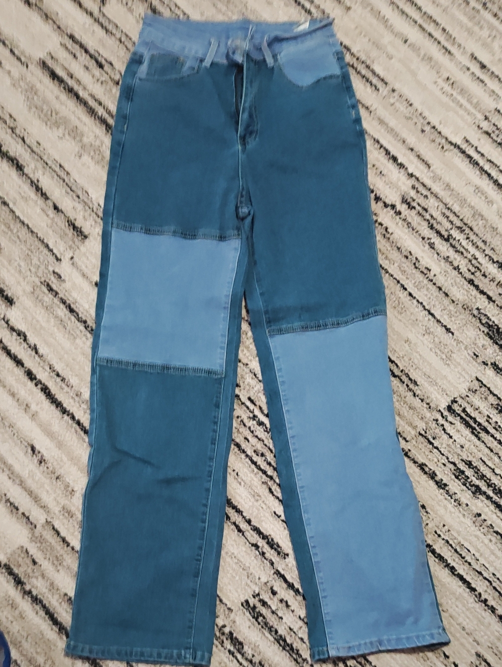 Patchwork Wide-Leg Jeans - Two-Tone Blue